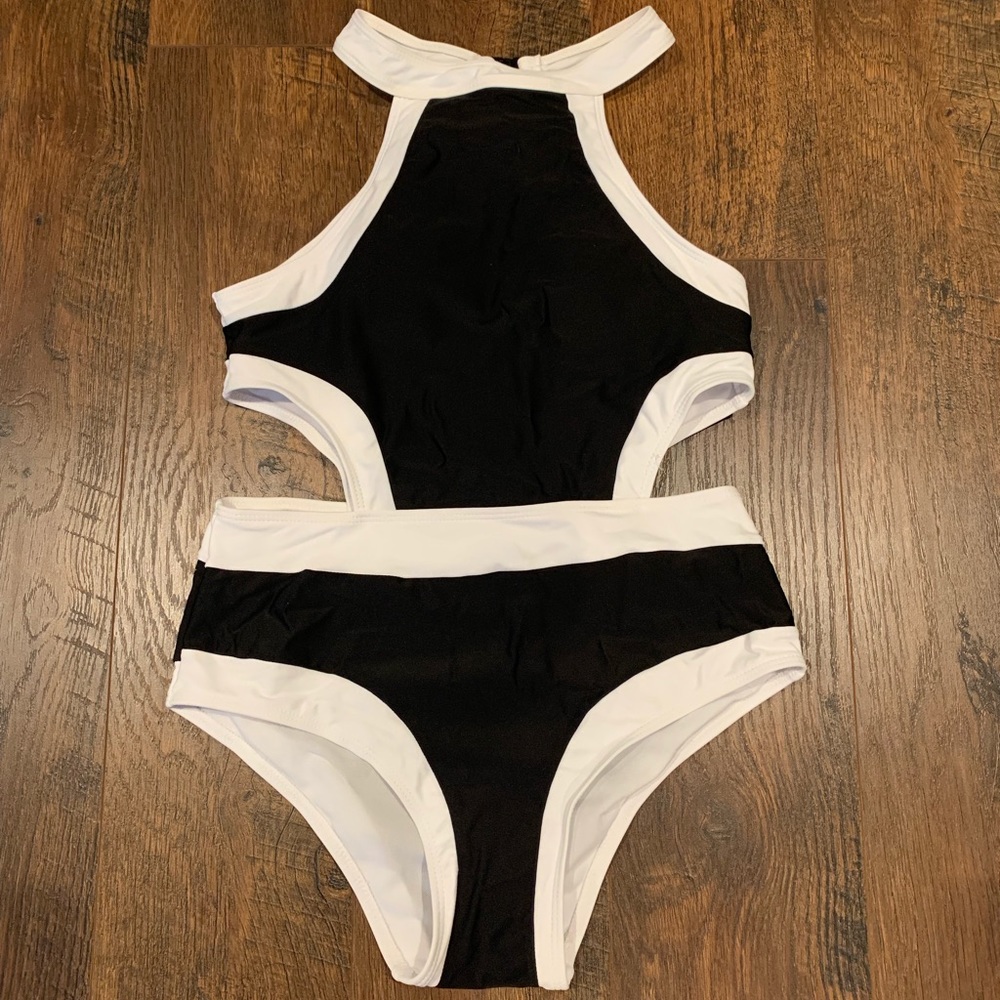 Black and White Cut-out One Piece Bathing Suit